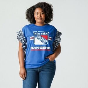 NY Rangers Blue Tee with Checkered Ruffle Sleeves Handmade Upcycled Vintage